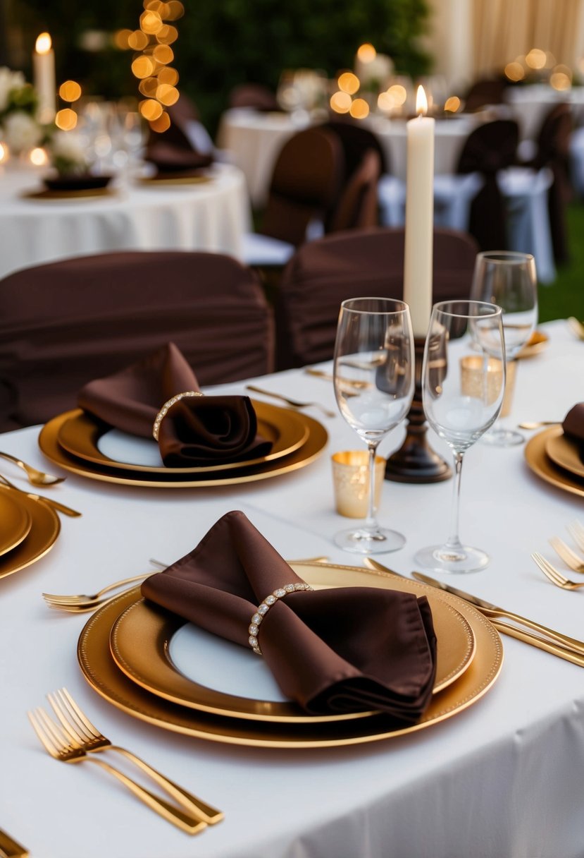 Chocolate linens with gold chargers adorn a wedding table