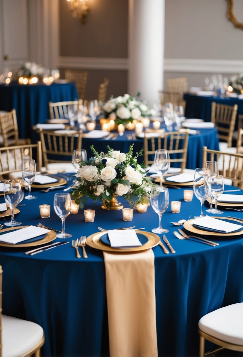 A deep navy and gold color scheme adorns a romantic wedding table, with elegant centerpieces and subtle candlelight