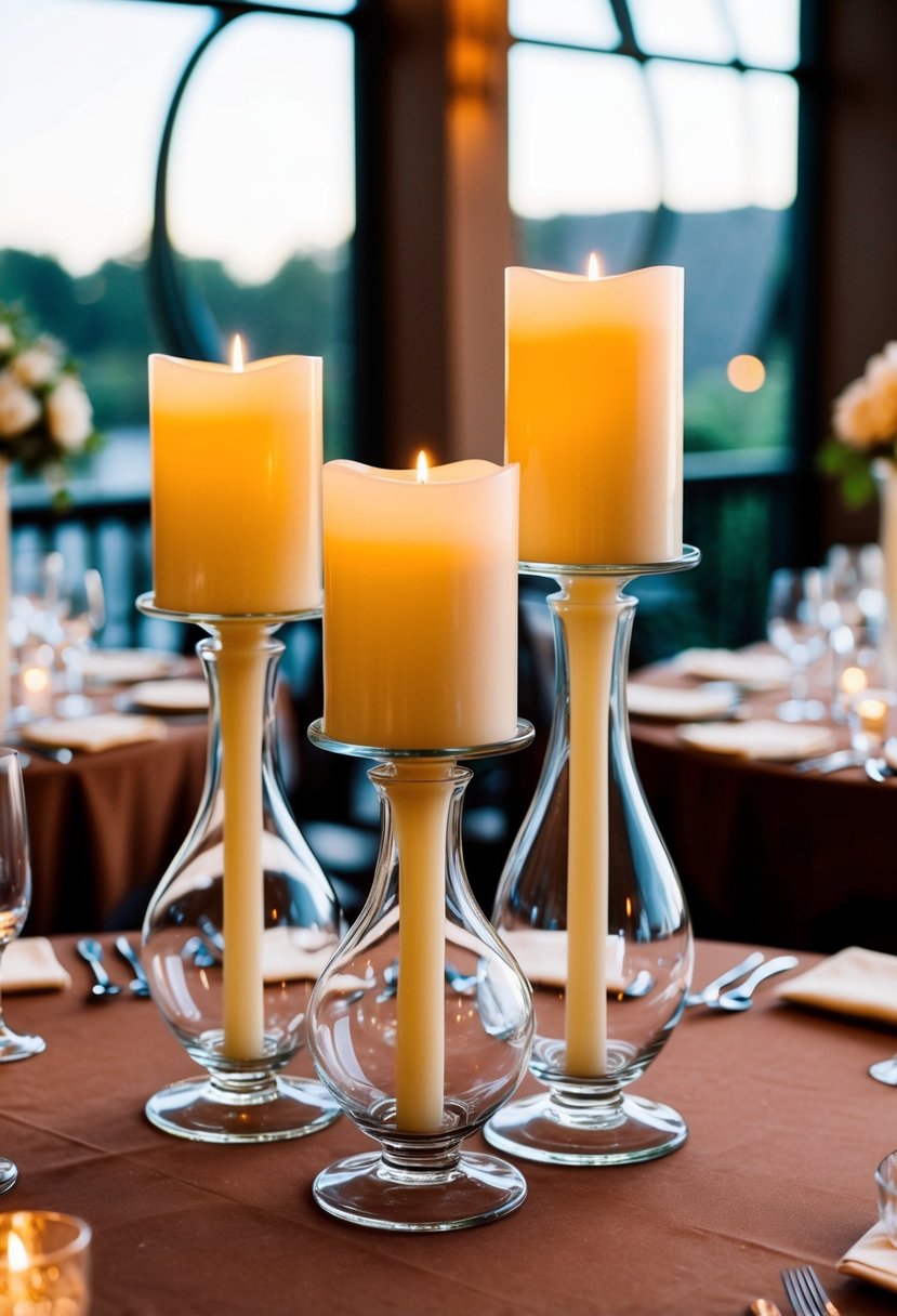 Clear glass vases hold cream candles on a brown wedding table