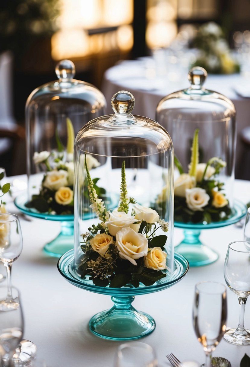 Clear glass cloches showcase mini floral displays on a wedding table