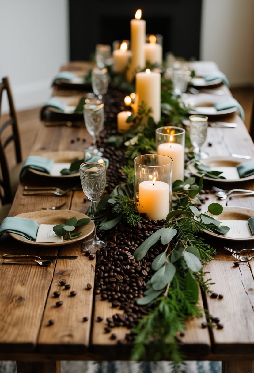 A rustic wooden table adorned with scattered coffee beans, intertwined with greenery and candles, creating an elegant and earthy wedding centerpiece