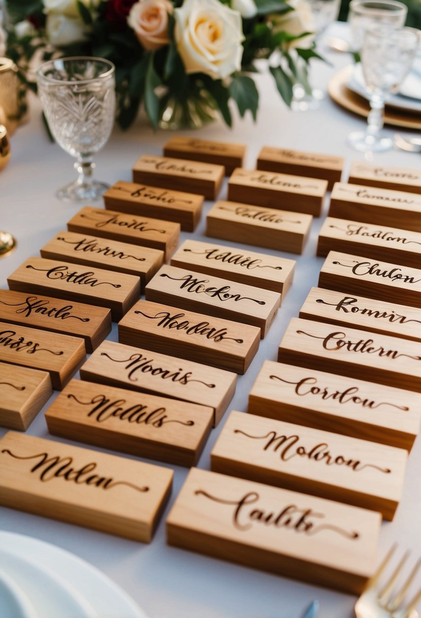 Wooden name tags arranged with calligraphy on a romantic wedding table