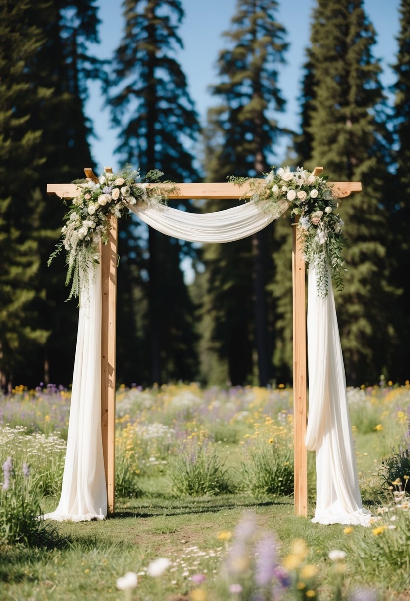 A wooden wedding arch adorned with wildflowers and draped with flowing fabric stands in a sun-dappled clearing, surrounded by towering trees