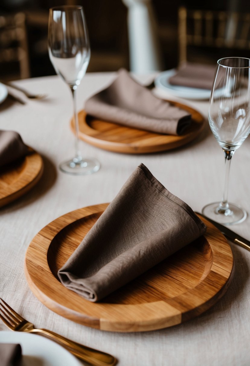 Wooden chargers with folded brown linen napkins on a rustic wedding table