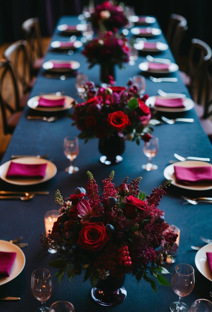 Rich berry-toned florals arranged in low vases on a dark, moody wedding table. Deep reds, purples, and pinks create a romantic, intimate atmosphere