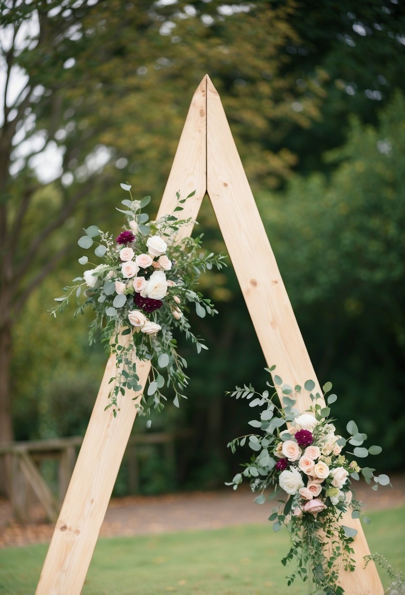 A triangle wooden wedding arch stands adorned with flowers, creating an elegant touch for a rustic wedding setting