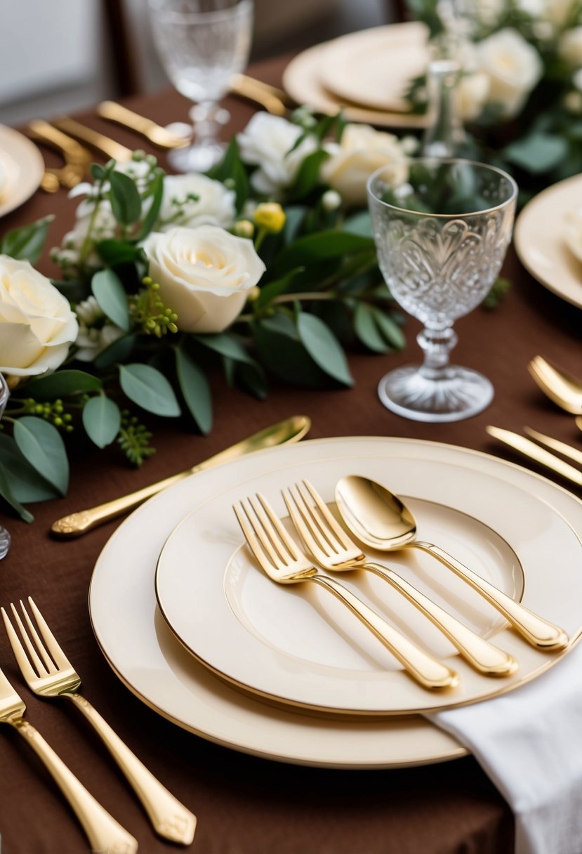 Golden flatware rests on ivory plates, set on a rich brown wedding table adorned with elegant decorations