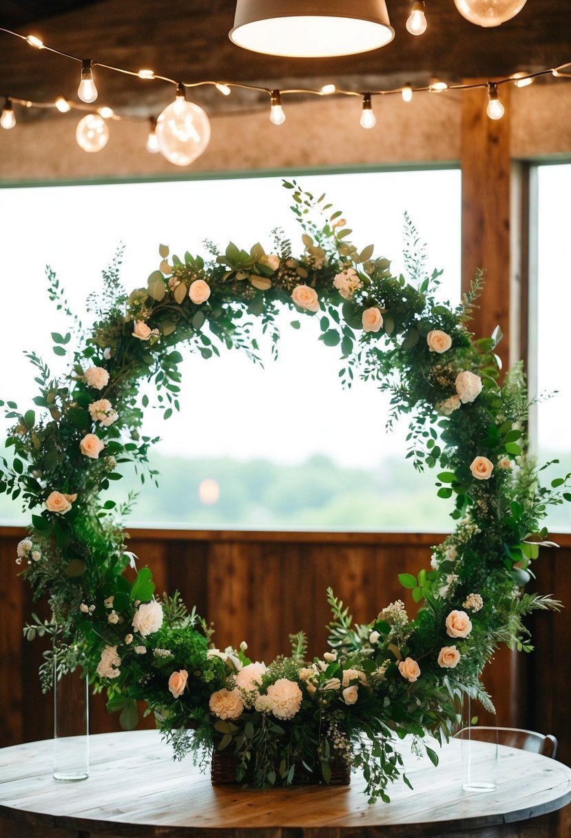 A circular floral arch adorned with lush greenery stands as a rustic wedding centerpiece