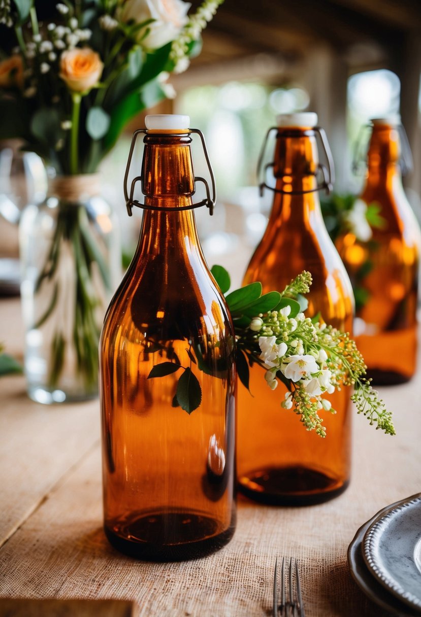 Amber glass bottles hold fresh flowers on a rustic wedding table