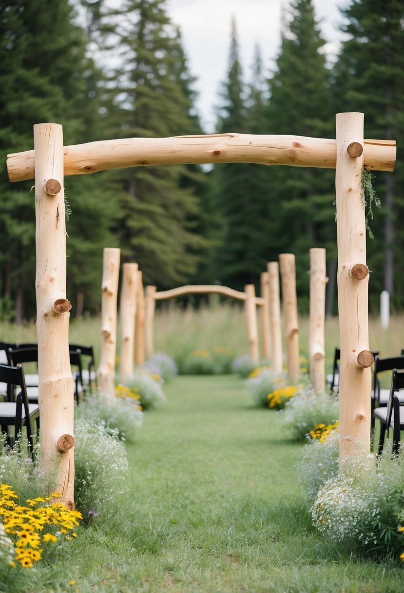 Hand-peeled cedar log poles arranged in an arch formation, surrounded by wildflowers and greenery, creating a natural and rustic wedding setting