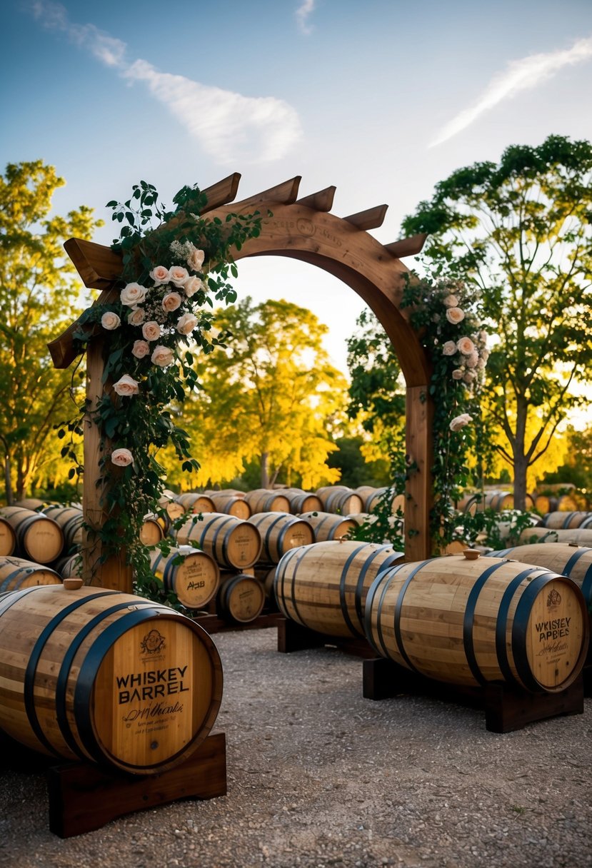 A wooden arch made of whiskey barrels adorned with floral vines