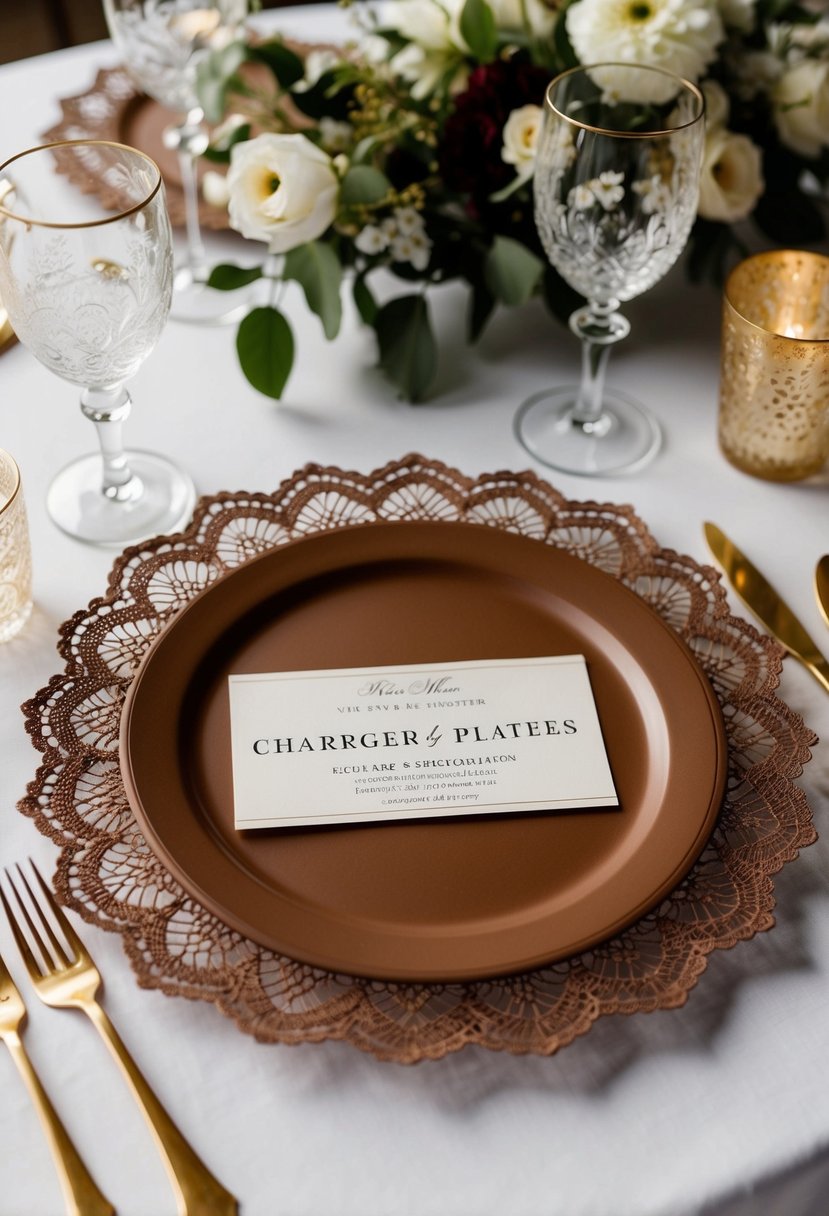 A table set with vintage lace charger plates in brown, adorned with delicate wedding decorations