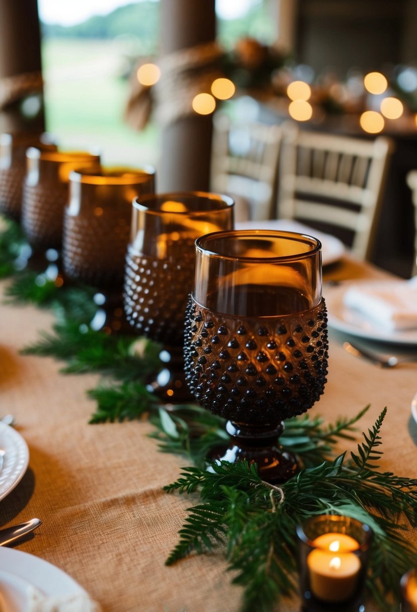 Brown hobnail goblets arranged on a rustic wedding table with earthy decor