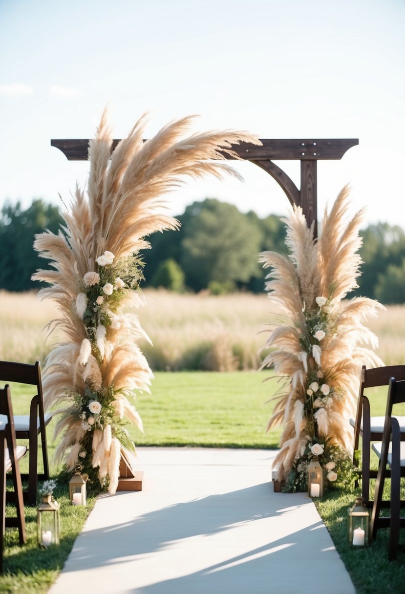 A wooden arch adorned with layers of pampas grass, creating a rustic and elegant atmosphere for a wedding ceremony