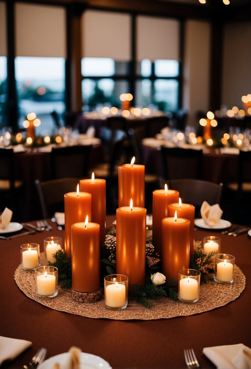 Cinnamon-colored candles arranged as centerpieces on brown wedding tables