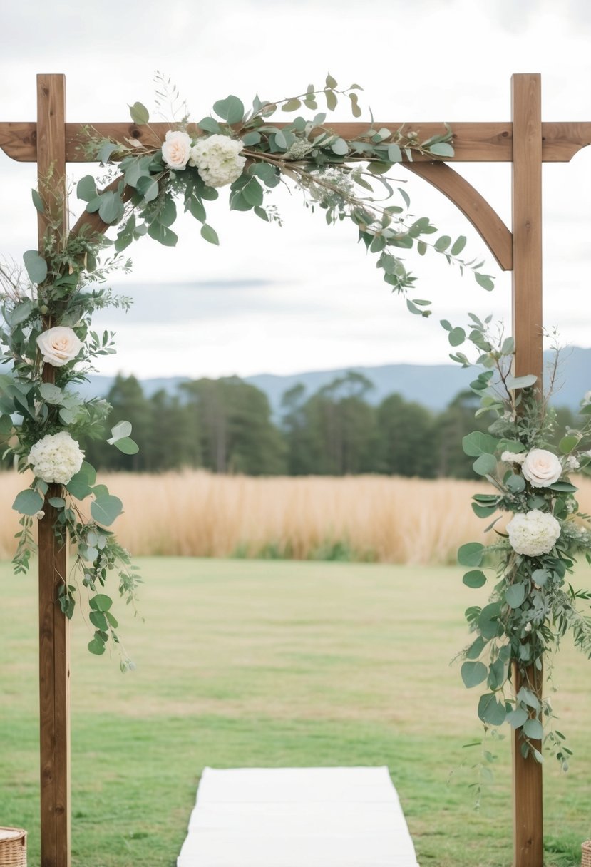 A wooden archway adorned with eucalyptus branches and delicate floral arrangements, creating a rustic and elegant backdrop for a wedding ceremony