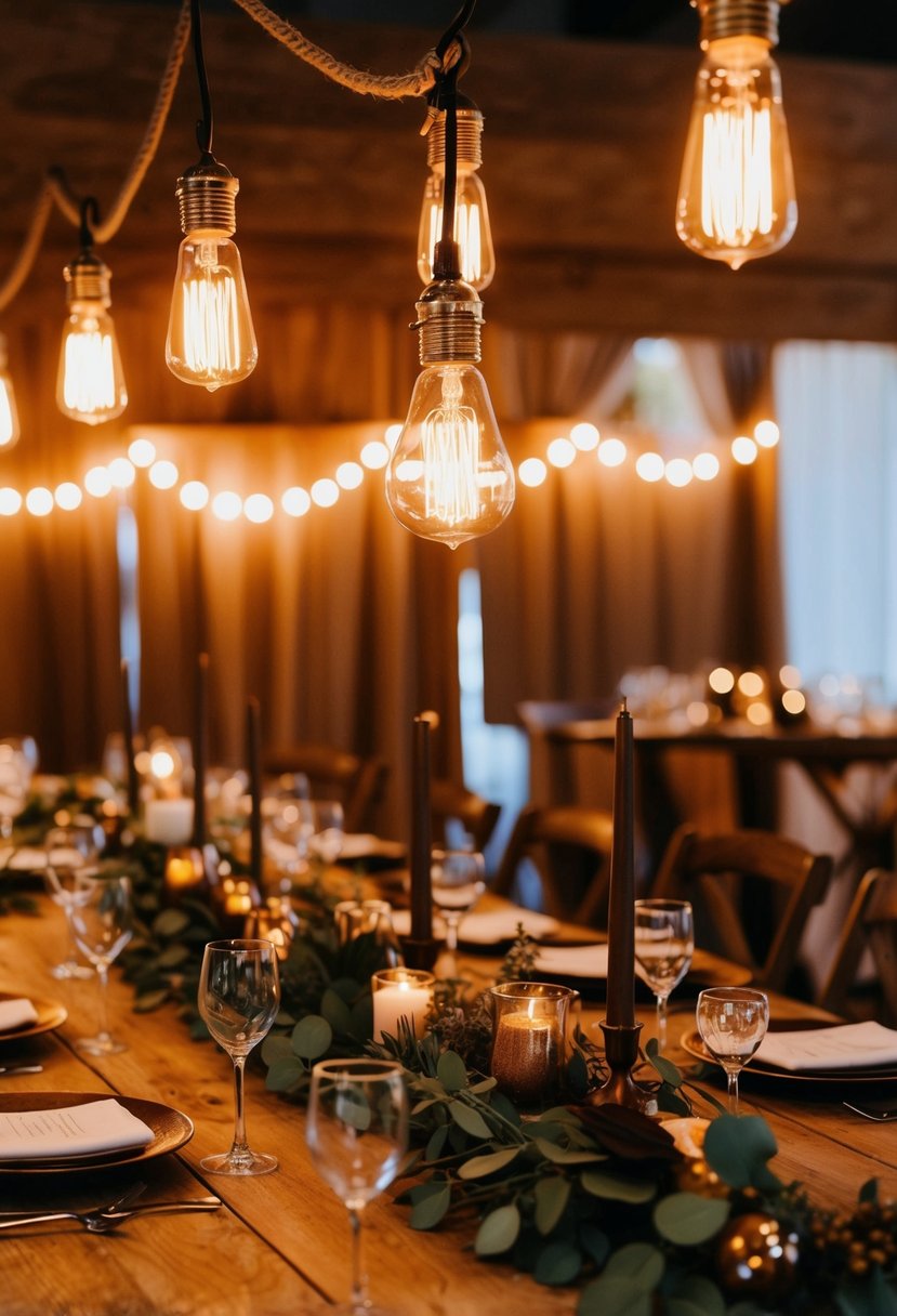 Warm lighting from Edison bulbs illuminates a rustic wedding table adorned with brown decorations