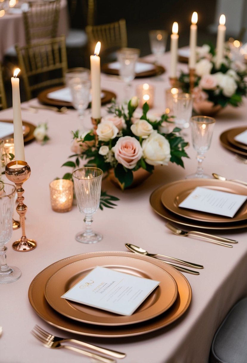 A rose gold table setting with elegant place settings, floral centerpieces, and twinkling candlelight