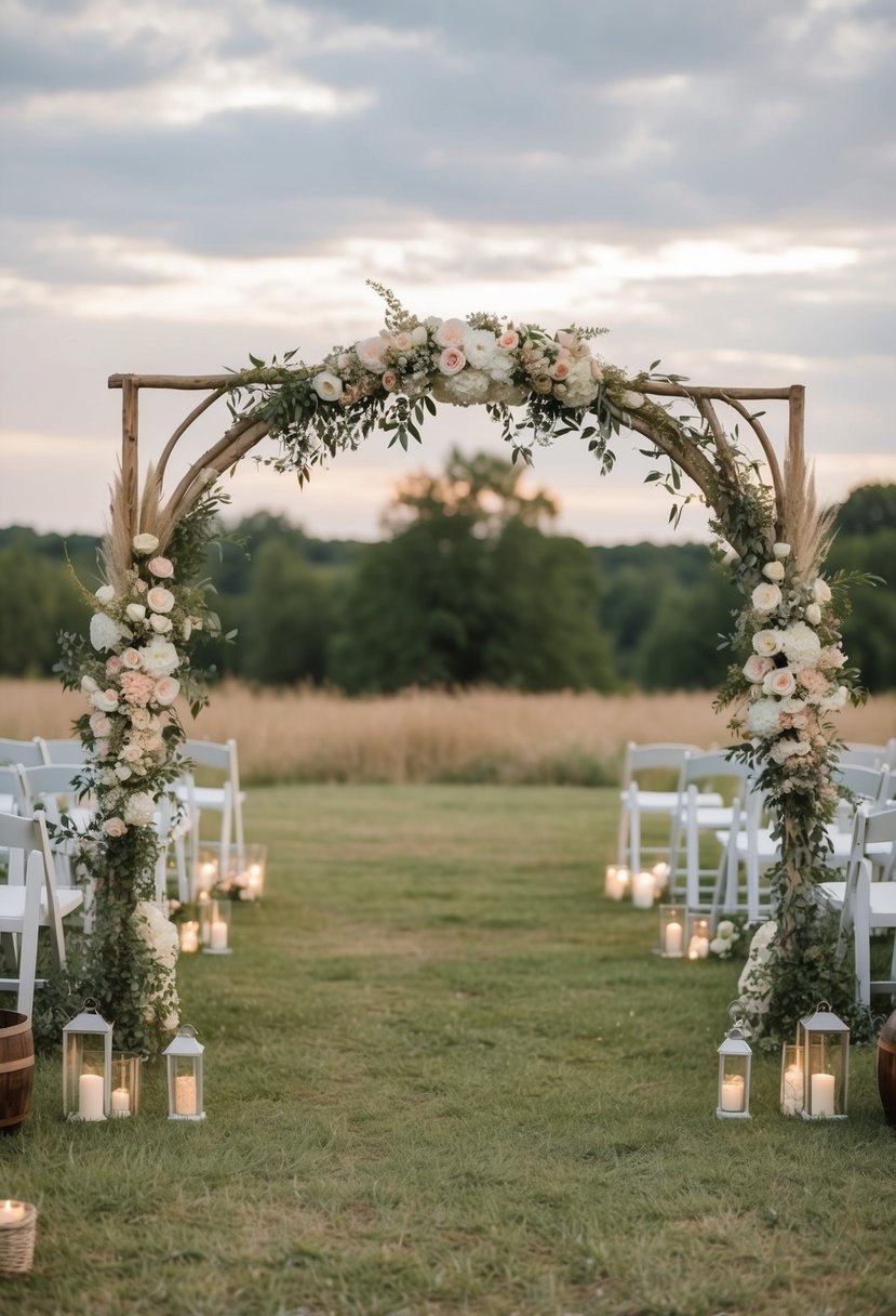 Silk floral arches stand on the ground, surrounded by rustic decor for a budget-friendly wedding