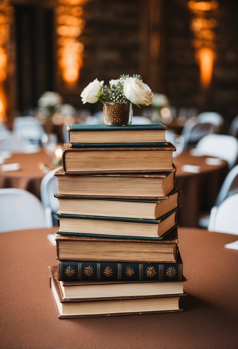 A stack of weathered books serves as rustic centerpieces for a brown-themed wedding table