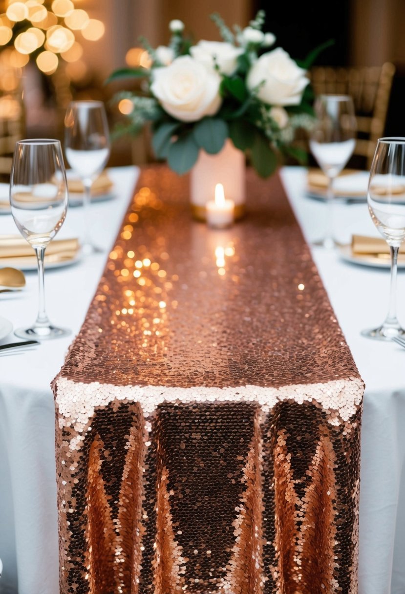 A rose gold sequin table runner sparkles on a wedding reception table, adding a touch of glamour and elegance to the decor