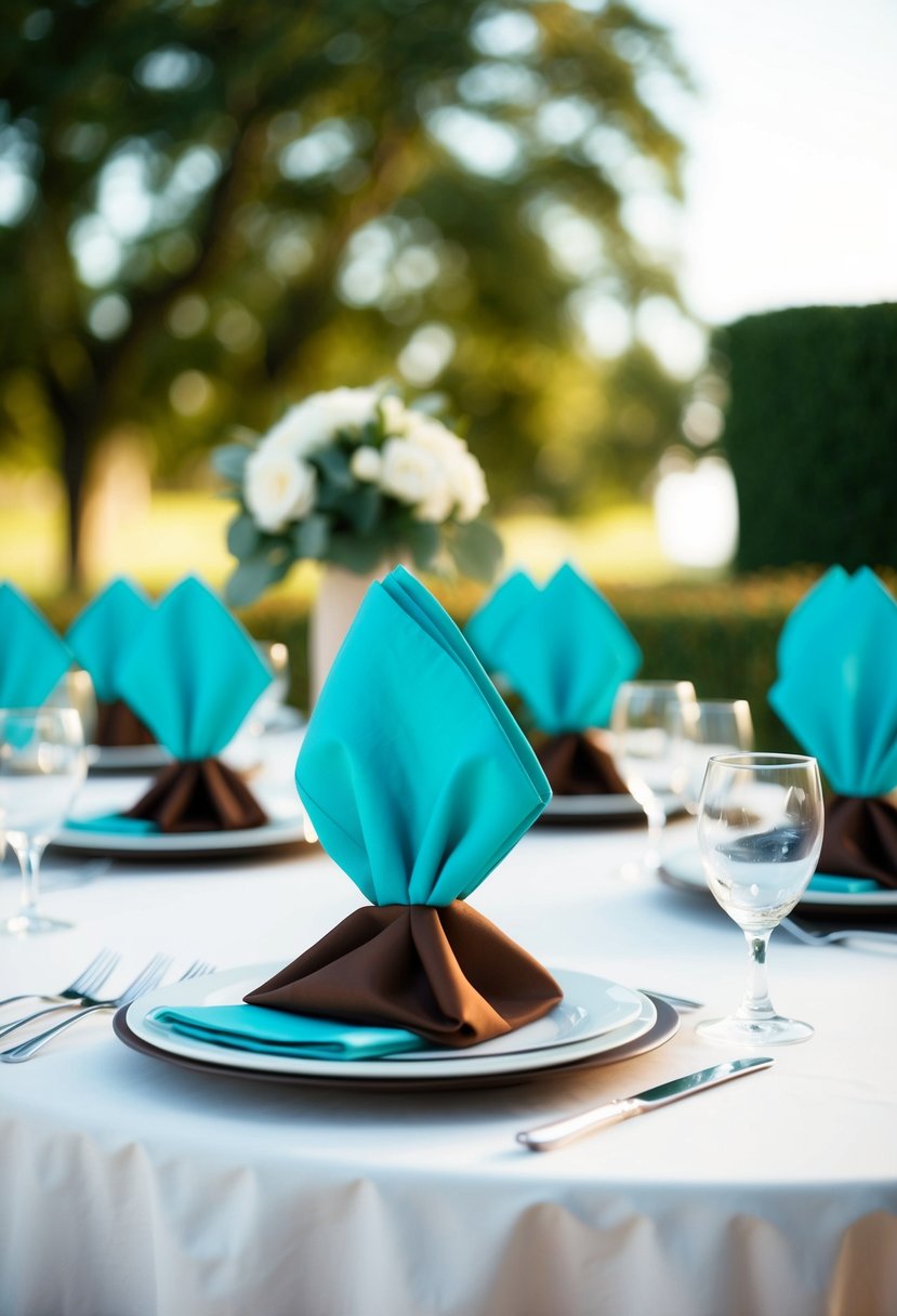 Turquoise napkins and brown centerpieces adorn a wedding table