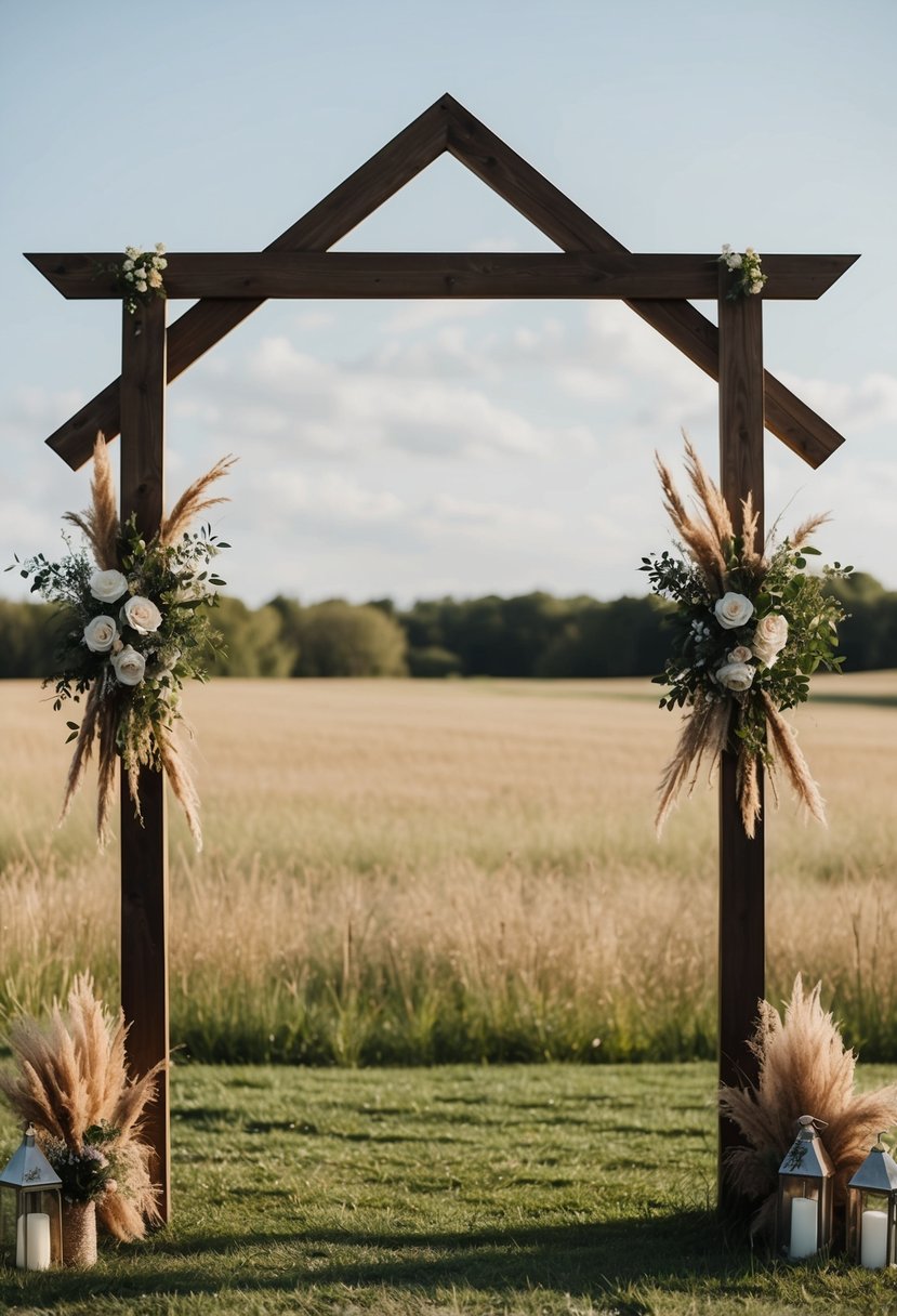 An angular barnwood wedding arch stands in a field, adorned with modern rustic decor, creating a charming scene for a rustic wedding