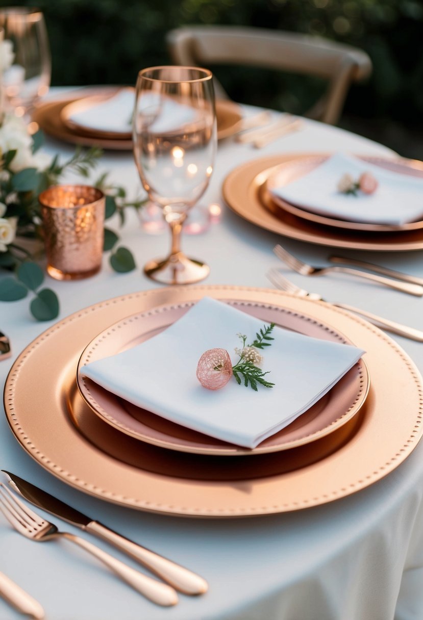 A table set with metallic rose gold charger plates, adorned with delicate rose gold wedding decorations