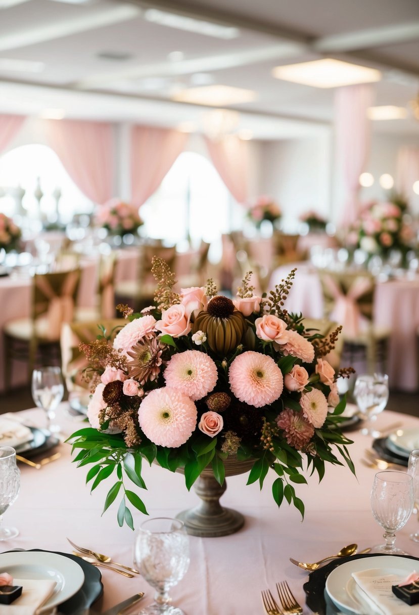 A pink and brown floral centerpiece adorns a wedding table, surrounded by matching decorations