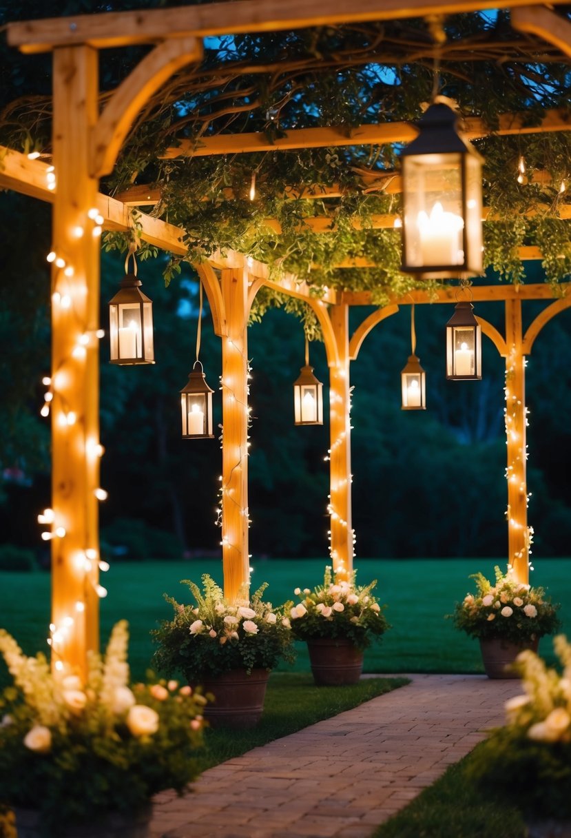 A garden arbor adorned with lanterns creates a warm, rustic glow for a nighttime wedding