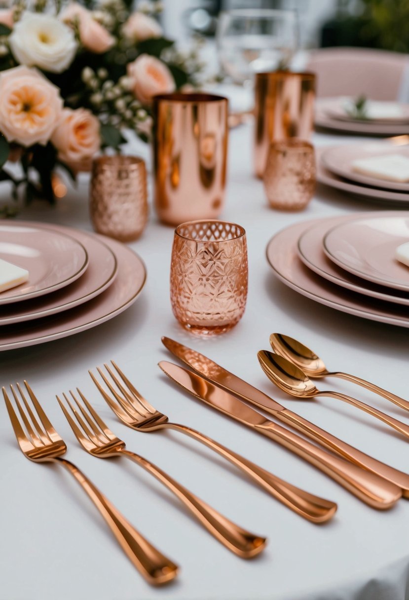 A rose gold cutlery set arranged on a table with matching rose gold wedding decorations