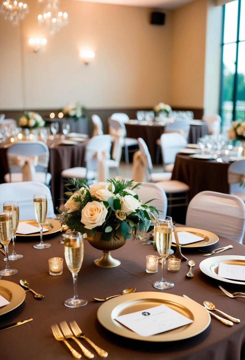 Champagne gold accents adorn brown wedding tables, creating an elegant and luxurious atmosphere