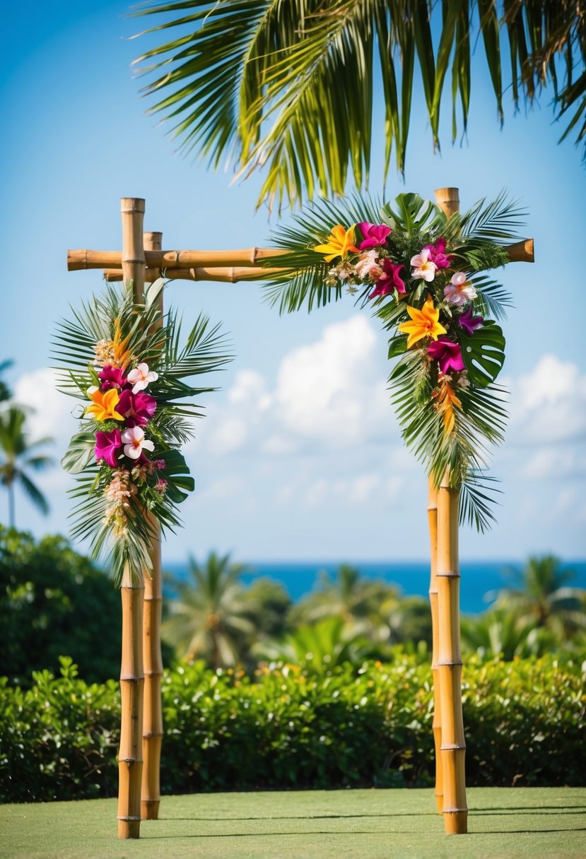 A bamboo wedding arch adorned with tropical flowers and foliage, set against a backdrop of lush greenery and a bright blue sky