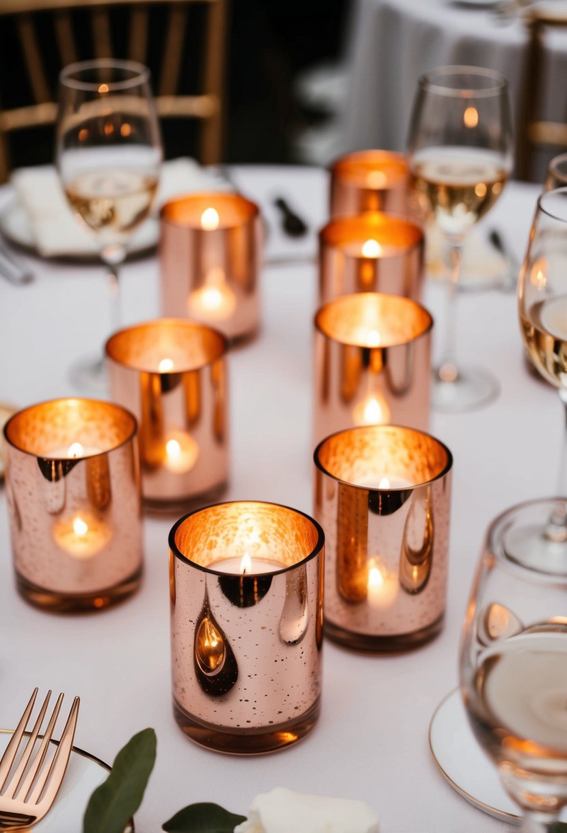 Rose gold mercury glass candle holders arranged on a wedding table with soft candlelight reflecting off the metallic surfaces