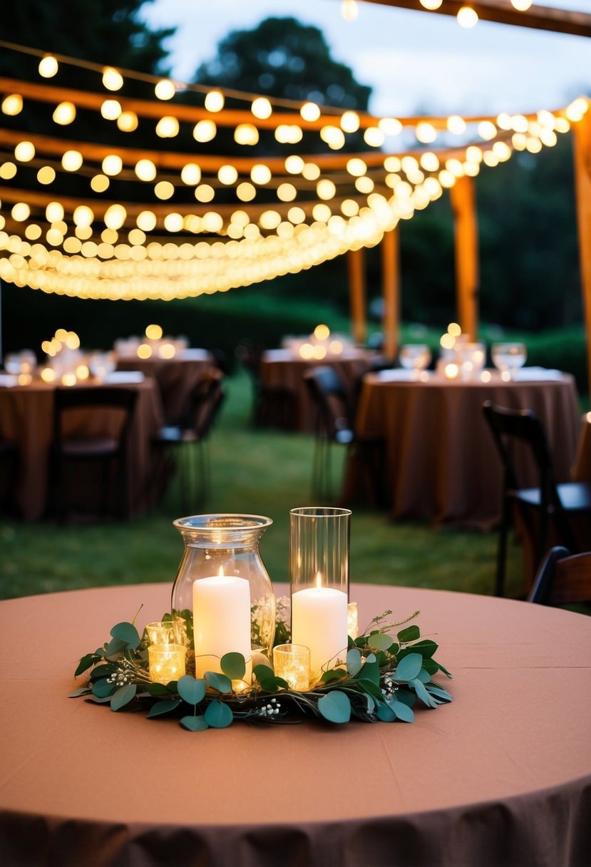 Fairy lights illuminate brown tablecloths and wedding decorations