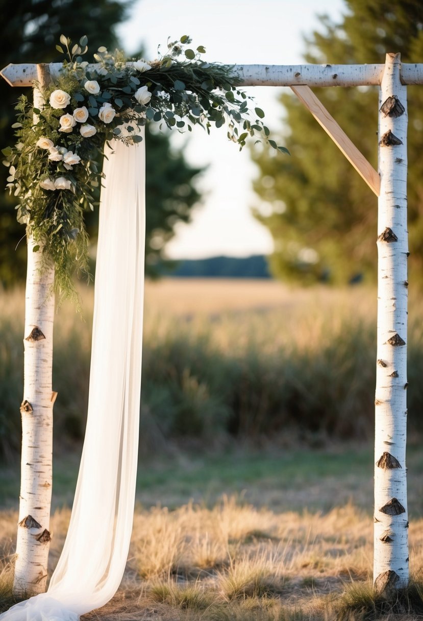 A birchwood arch adorned with flowing white fabric, nestled in a rustic outdoor setting