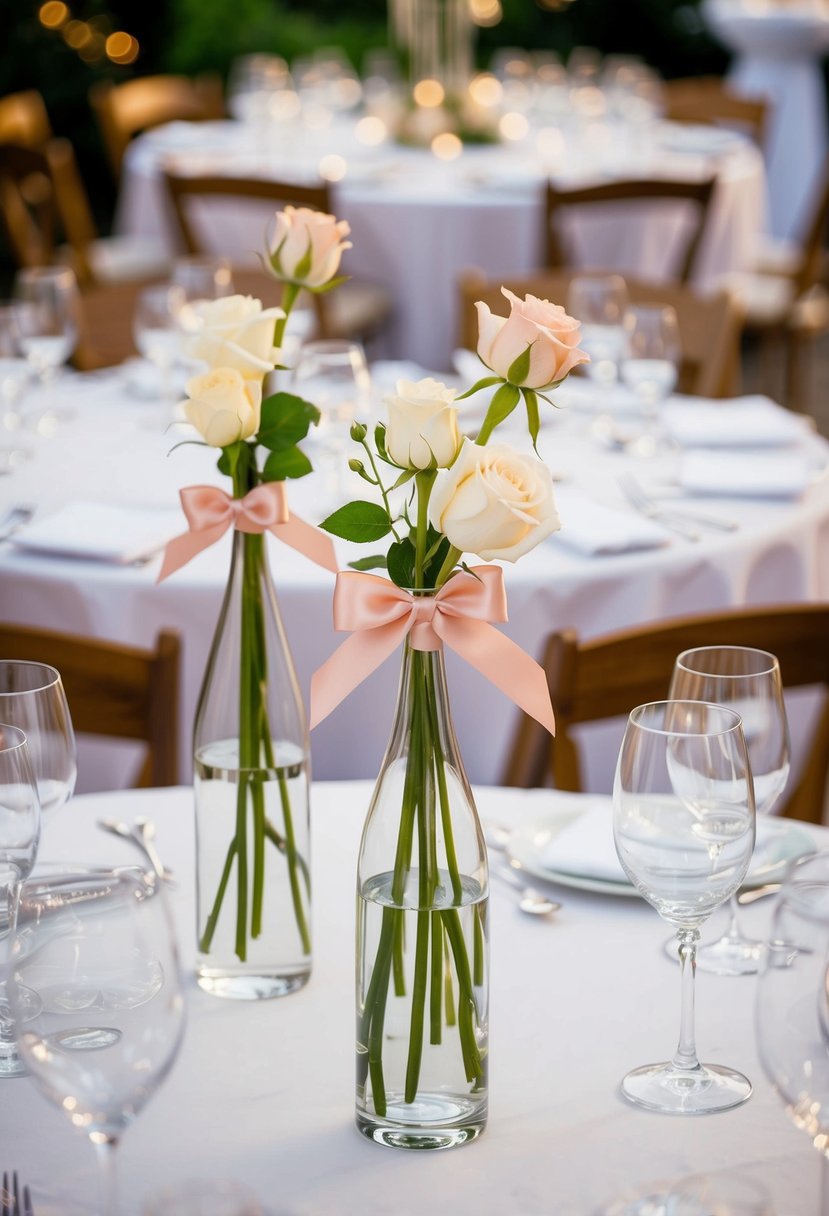 Clear glass vases with rose gold ribbon on wedding tables