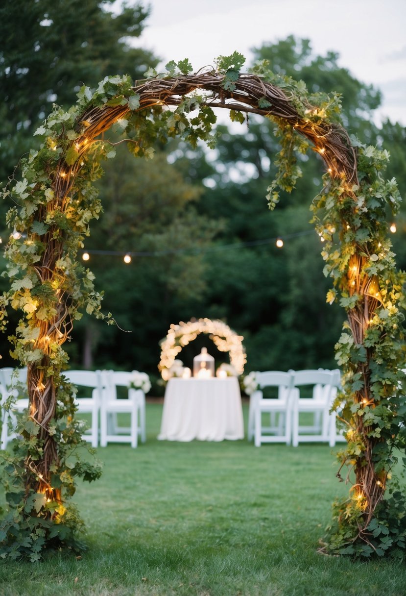 A grapevine arch adorned with twinkling fairy lights, creating a rustic and enchanting wedding ceremony backdrop