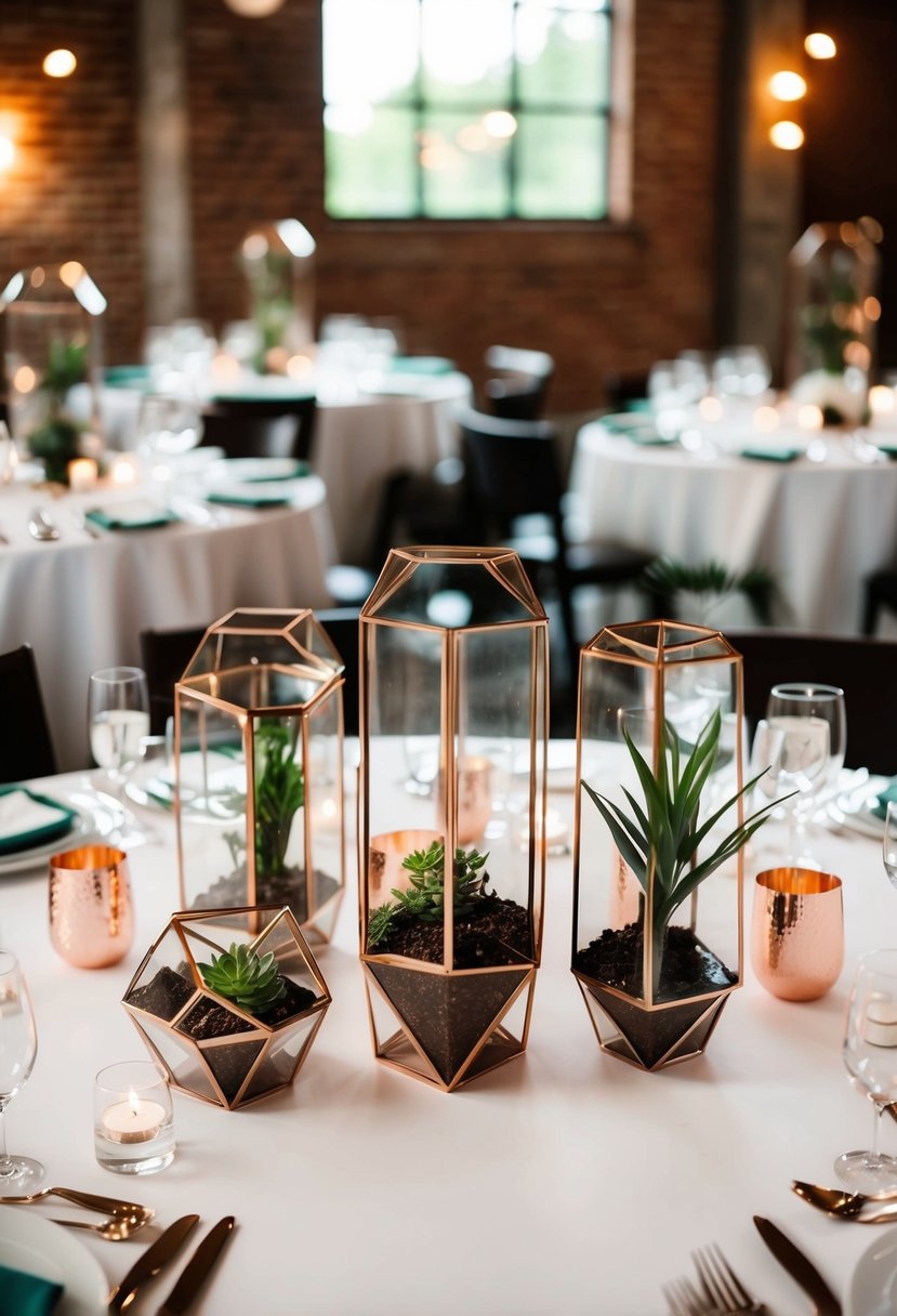 Rose gold geometric terrariums arranged as centerpieces on wedding tables