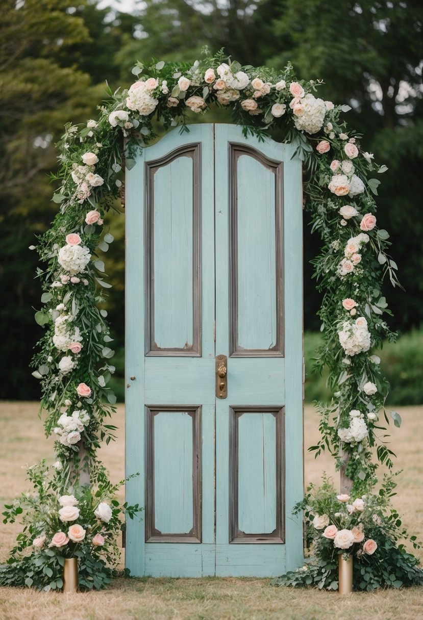 An antique wooden door arch adorned with flowers and greenery, set against a backdrop of vintage elegance for a rustic wedding