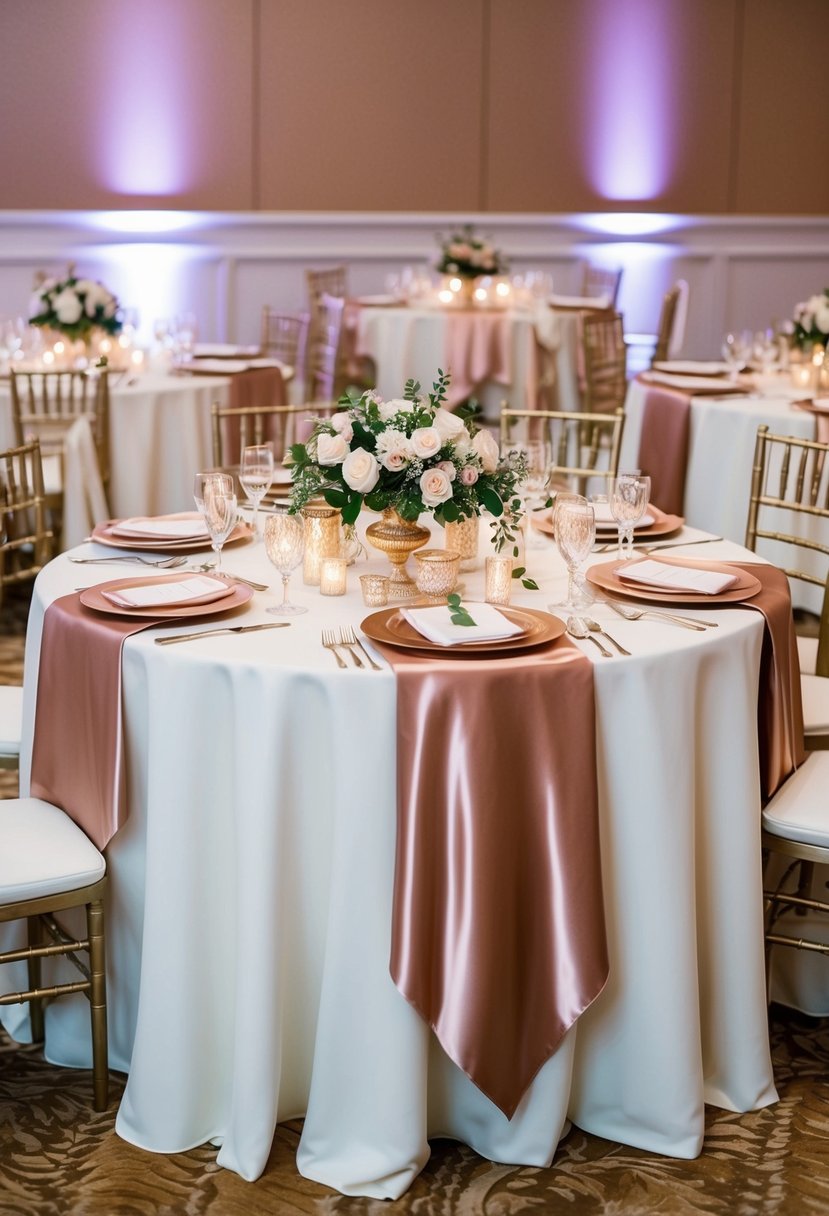 Ivory tablecloths adorned with rose gold overlays, accented with matching centerpieces and place settings for a luxurious wedding reception