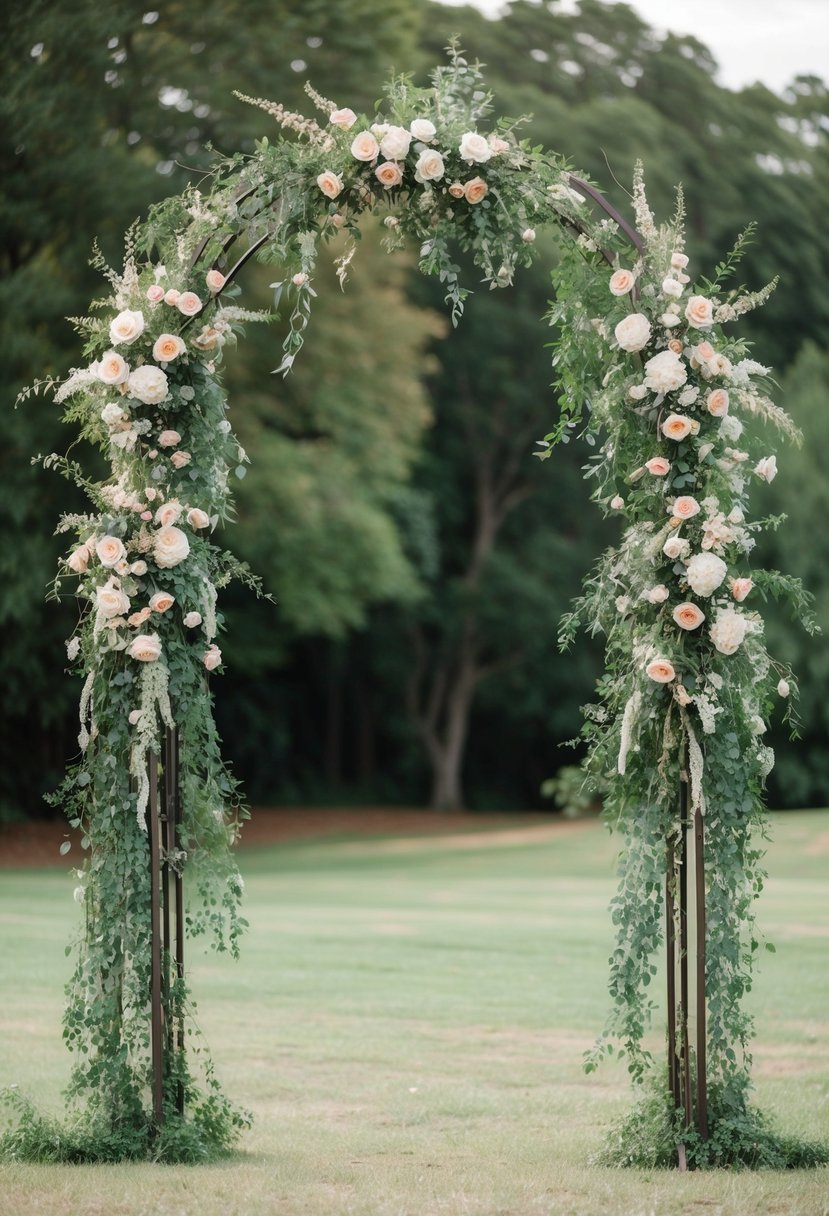 An iron arch adorned with cascading floral arrangements stands as a rustic wedding backdrop