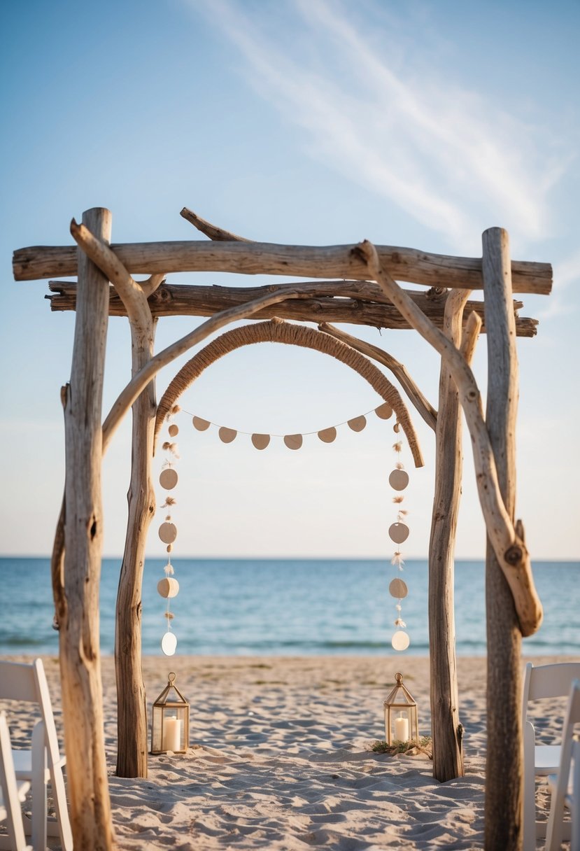 A weathered driftwood arch frames a beach ceremony, adorned with delicate half-moon shapes and rustic charm