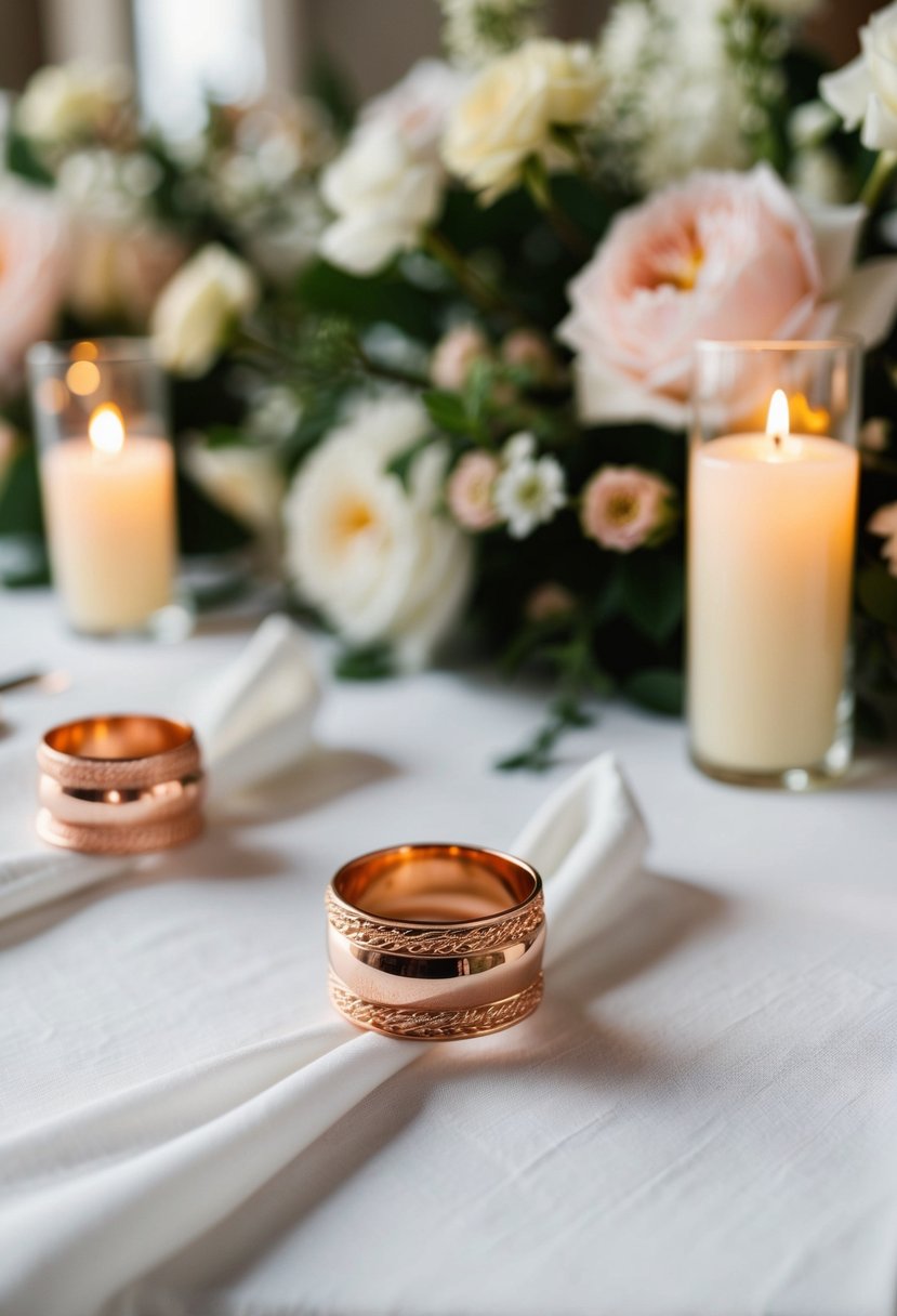 Rose gold napkin rings arranged on a white linen tablecloth with delicate floral centerpieces and glowing candlelight