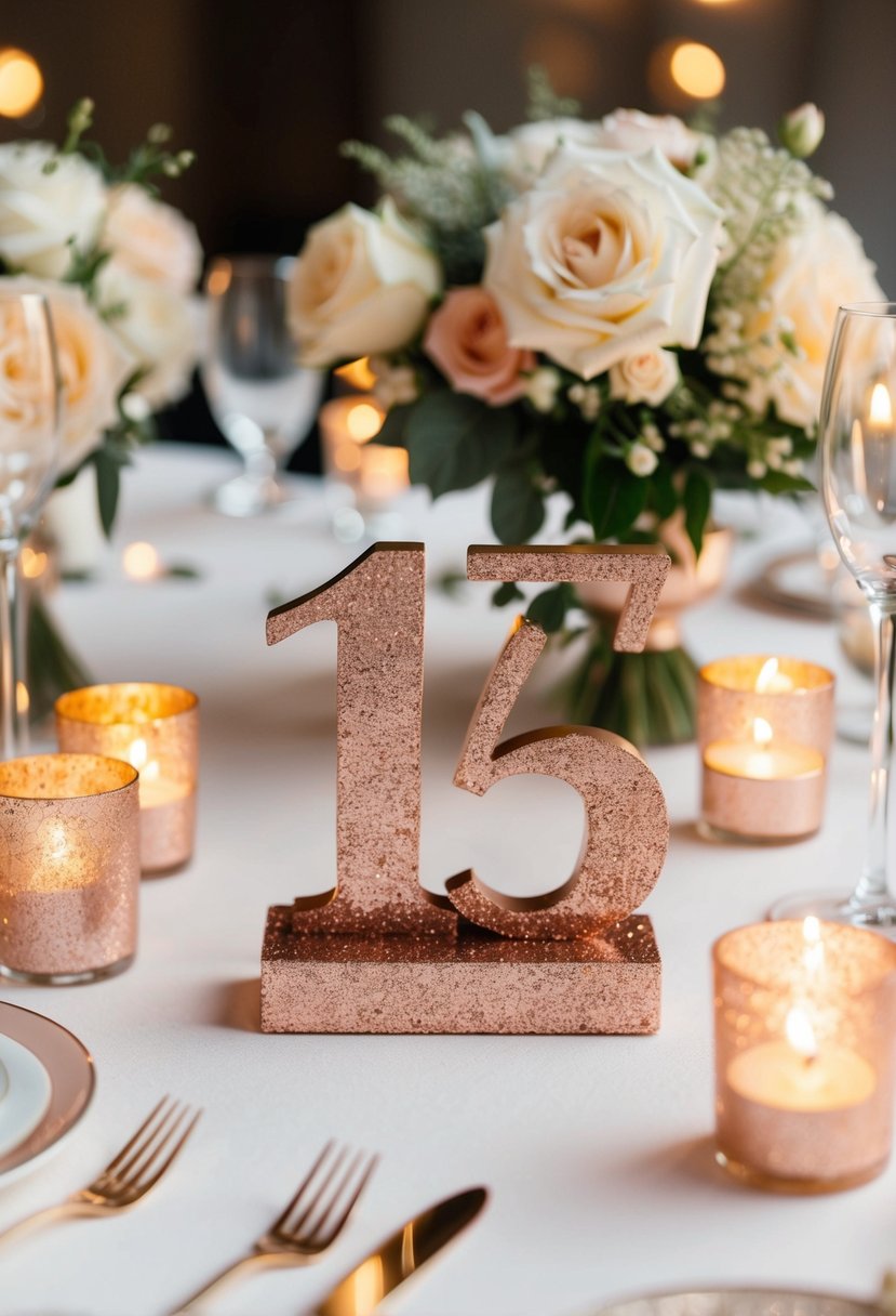 Rose gold glitter table numbers arranged in a romantic wedding setting, surrounded by delicate floral decorations and glowing candlelight