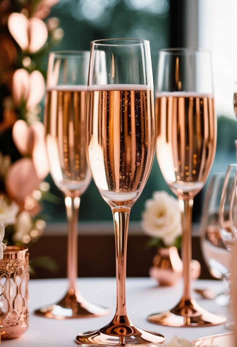 Rose gold champagne flutes stand on a table adorned with rose gold wedding decorations