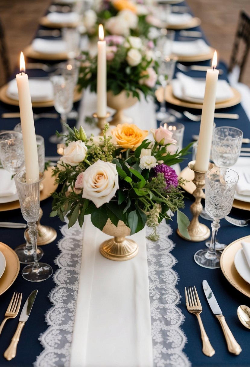 A table adorned with fresh flowers, elegant candle holders, and delicate lace runners for a romantic wedding reception