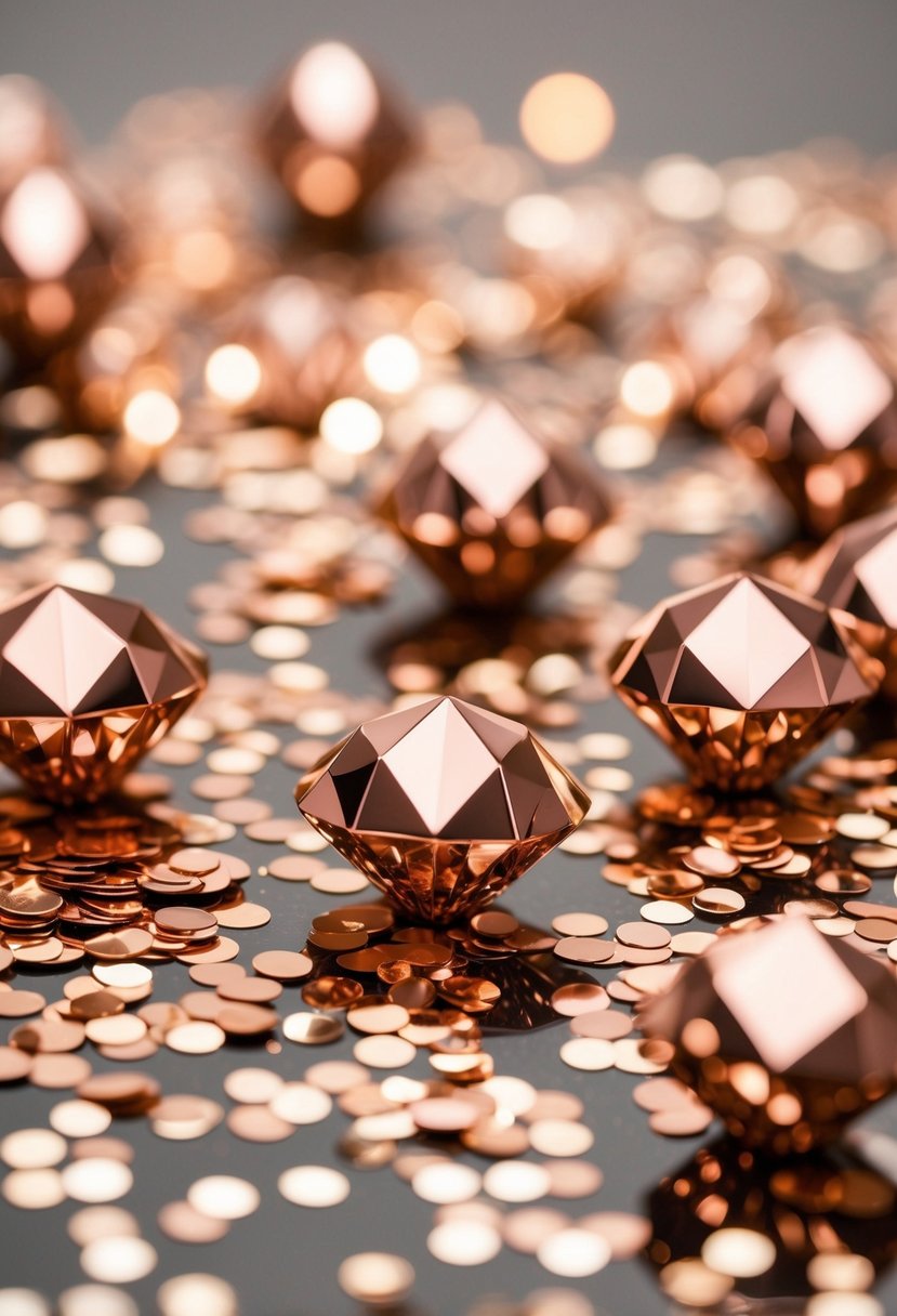 Shimmering rose gold diamond table confetti scattered amongst elegant rose gold wedding table decorations