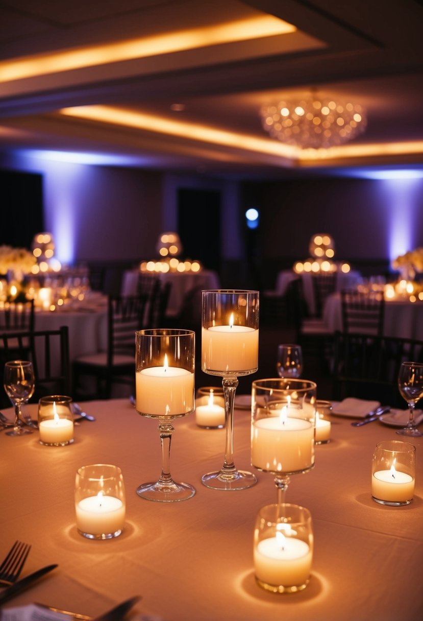 A table set with elegant floating candle centerpieces, casting a warm glow in a dimly lit wedding reception venue