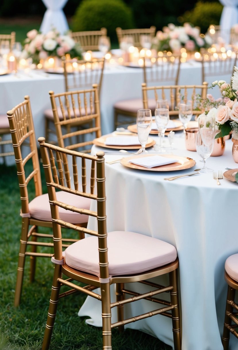 Gold Chiavari chairs with rose gold cushions surround a wedding table adorned with rose gold decorations